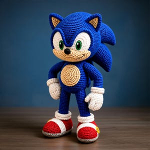 May include: A handcrafted crochet doll of the character Sonic the Hedgehog, featuring a vibrant blue body, a tan muzzle and belly, white gloves, and red sneakers with white accents. The figure has large green eyes, a black nose, and pointed ears.