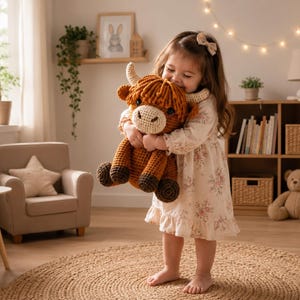 Puede incluir: Un peluche de vaca Highland tejido a ganchillo en color marrón y crema con hilo texturizado, ojos oscuros y cuernos pequeños. El juguete presenta un hocico redondeado, pelo desgreñado y patas marrón oscuro, con puntadas visibles en el cuerpo.