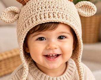 Elk Crochet Hat Pattern PDF | Reindeer Winter Hat Amigurumi | Animal Earflap Beanie | Beginner Crochet Pattern | Instant Download