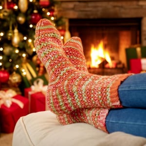 May include: A pair of hand-knitted socks featuring a variegated pattern of orange, red, and light green yarn. The socks are worn over blue denim jeans, showcasing a textured stitch design that extends from the toe up to the mid-calf area.
