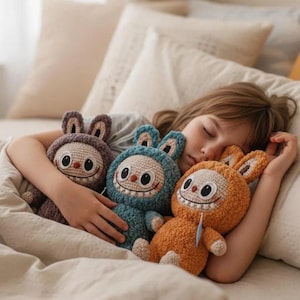 Peut inclure: Trois poupées monstres crochetées à la main, violettes, bleues et orange, chacune avec un visage souriant et des oreilles de lapin. Les poupées sont nichées dans un lit avec un enfant endormi, créant une scène chaleureuse et fantaisiste.