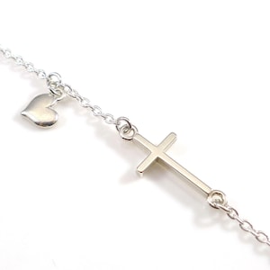 Silver Cross Pendant with Heart Anklet/ Cross Pendant Anklet/Sliver Cross Pendant Anklet/Small Heat Charm Anklet/Layering Anklet/ANK12