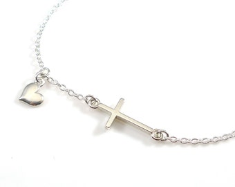 Silver Cross Pendant with Heart Anklet/ Cross Pendant Anklet/Sliver Cross Pendant Anklet/Small Heat Charm Anklet/Layering Anklet/ANK12