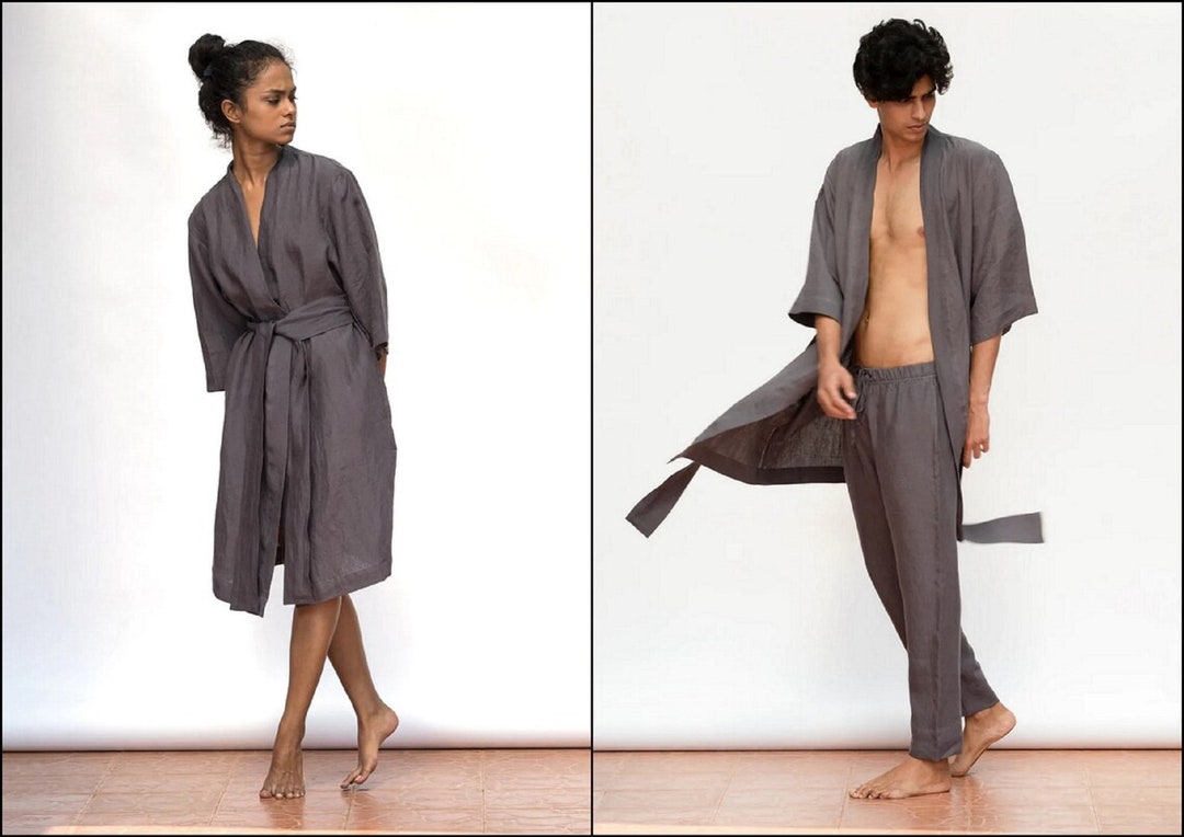 Linen Bathrobe, Natural Linen Robe, Resort Wear Men and Women Bathrobe