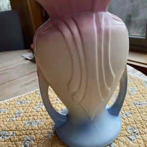 Mid Century Modern Leaf Motif Vase in Pink with Blue Overlay