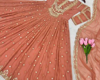 Deepika Orange Anarkali Suit || Bridal wedding Festival Punjabi dress || Traditional salwar kameez Heavy Zari Sequins Work with Belt