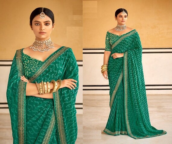 Bandhani saree with designer blouse clearance