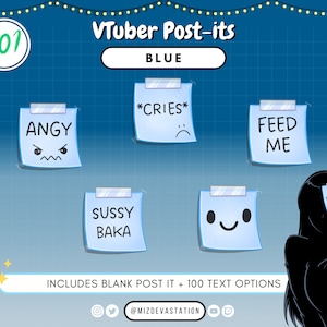 Könnte beinhalten: Ein blauer Hintergrund mit 101 blauen Haftnotizen mit unterschiedlichem Text und Bildern. Der Text beinhaltet "Angry", "*Cries*" , "Sussy Baka", "Feed Me", und "Waifu". Der Text "VTuber Post-its" und "Blue" befindet sich oben im Bild. Der Text "Includes Blank Post It + 100 Text Options" befindet sich unten im Bild. Der Text "@MIZDEVASTATION" befindet sich unten im Bild.
