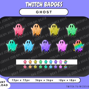 May include: A set of nine Twitch chat badges featuring colorful ghost illustrations in various shades of pink, blue, green, yellow, and purple. The badges are available in three sizes: 72px x 72px, 36px x 36px, and 18px x 18px. The text "Twitch Badges" and "Ghost" are displayed at the top of the image.