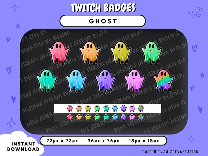 May include: A set of nine Twitch chat badges featuring colorful ghost illustrations in various shades of pink, blue, green, yellow, and purple. The badges are available in three sizes: 72px x 72px, 36px x 36px, and 18px x 18px. The text "Twitch Badges" and "Ghost" are displayed at the top of the image.