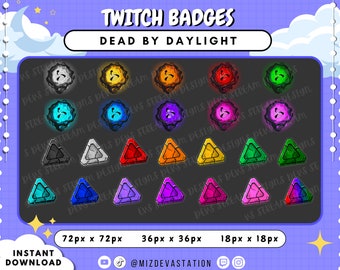 May include: A set of 18 Twitch chat badges for the game Dead by Daylight. The badges are in various colors and shapes, including circles, triangles, and squares. The badges are designed to be used as rewards for viewers on Twitch.