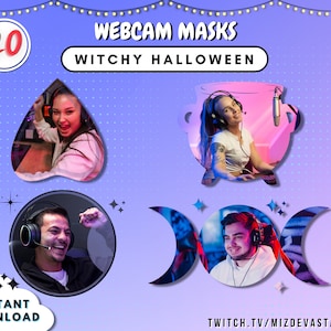 Puede incluir: Un gráfico morado y rosa con el texto "WEB CAM MASKS" y "WITCHY HALLOWEEN" en blanco. El gráfico presenta 20 máscaras de webcam con una variedad de temas de Halloween, incluyendo un caldero, un corazón y un símbolo de triple luna. El texto "INSTANT DOWNLOAD" y "TWITCH.TV/MIZDEVASTATION" también está incluido.