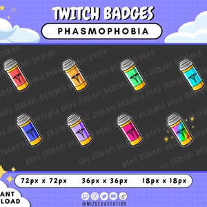 Könnte beinhalten: Ein Satz von acht Twitch-Chat-Badges mit einer Cartoon-Pillenflasche mit einem medizinischen Symbol. Die Badges sind in verschiedenen Farben und Größen, darunter 72px x 72px, 36px x 36px und 18px x 18px. Die Badges sind für das Spiel Phasmophobia konzipiert.