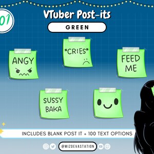 May include: A set of 101 green digital post-it notes with various text options, including "Angry", "*Cries*" and "Feed Me". The post-it notes are designed for use by virtual YouTubers. The image also includes a silhouette of a person with a "Waifu" post-it note on their head.