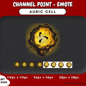 Könnte beinhalten: Eine digitale Illustration einer leuchtenden gelben und orangen Kugel mit schwarzen Ranken, beschriftet mit "Auric Cell". Das Bild ist ein Twitch-Kanalpunkt und ein Emoji, mit verschiedenen Größen: 112px x 112px, 56px x 56px und 28px x 28px. Der Text "Twitch.tv/MizDevastation" ist ebenfalls enthalten.