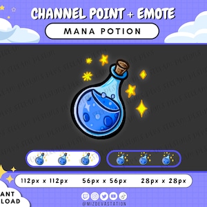 May include: A blue and white mana potion bottle with stars around it. The bottle is a channel point reward for a Twitch stream. The image shows different sizes of the emote: 112px x 112px, 56px x 56px, and 28px x 28px.