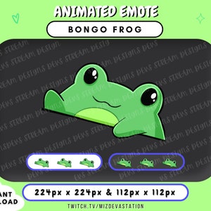 May include: Animated Twitch emote featuring a green frog with large eyes and a wide smile. The frog is lying on its side, with its legs outstretched. The emote is available in two sizes: 224px x 224px and 112px x 112px. The text "BONGO FROG" is displayed above the frog.