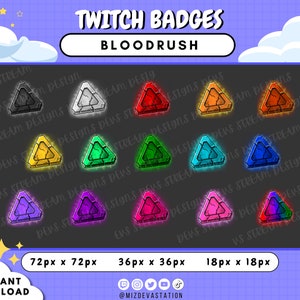 Könnte beinhalten: Ein Satz von neun Twitch-Badges mit einem dreieckigen Design und einer rissigen, steinartigen Textur. Die Badges sind in verschiedenen Farben, darunter Schwarz, Weiß, Gelb, Grün, Blau, Lila, Pink und Rot. Die Badges sind in drei Größen erhältlich: 72 px × 72 px, 36 px × 36 px und 18 px × 18 px. Der Text "Twitch Badges" und "Bloodrush" wird oben im Bild angezeigt.