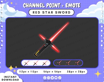 May include: Red lightsaber emote for Twitch or YouTube channel points. The emote features a red lightsaber with a black handle. The emote is available in three sizes: 112px x 112px, 56px x 56px, and 28px x 28px.