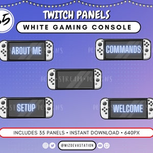Puede incluir: Un conjunto de 35 paneles de Twitch diseñados para parecer una consola de juegos blanca. Los paneles presentan texto como "Acerca de mí", "Comandos", "Configuración" y "Bienvenido".
