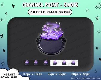 May include: Purple cauldron with steam and sparkles, a Twitch channel point and emote.  The image shows three different sizes of the emote: 112px x 112px, 56px x 56px, and 28px x 28px.  Twitch.tv/mizdevastation