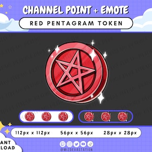 Könnte beinhalten: Roter Pentagramm-Token-Kanalpunkt-Emote für Twitch. Der Token ist ein roter Kreis mit einem fünfzackigen Stern im Inneren. Der Token ist in drei Größen verfügbar: 112px x 112px, 56px x 56px und 28px x 28px.