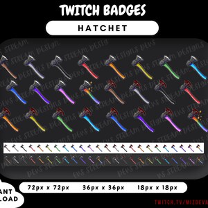 Könnte beinhalten: Ein Satz von 36 Twitch-Chat-Abzeichen mit einer schwarzen Axt mit rotem, orangefarbenem, gelbem, grünem, blauem, violettem, rosa und weißem Griff. Die Abzeichen sind in drei Größen erhältlich: 72 x 72 Pixel, 36 x 36 Pixel und 18 x 18 Pixel.