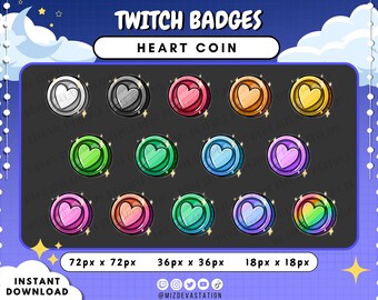 Conjunto de insignias de moneda de corazón / Insignias de suscripción y animaciones de Twitch + KICK / 14 ESTILOS /