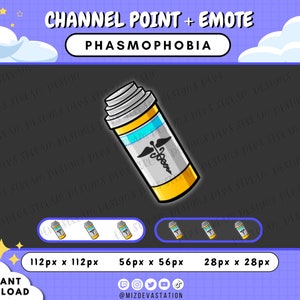 May include: A digital illustration of a gray and yellow bottle with a blue liquid inside. The bottle has a white label with a snake and staff symbol. The text "CHANNEL POINT + EMOTE" and "PHASMOPHOBIA" are at the top of the image. The image also includes three smaller versions of the bottle in different sizes.