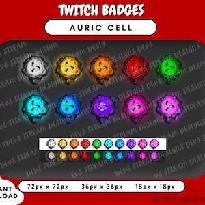 May include: A set of Twitch chat badges featuring a stylized cell design in various colors, including gray, yellow, red, green, blue, purple, and pink. The badges are available in three sizes: 72px x 72px, 36px x 36px, and 18px x 18px.