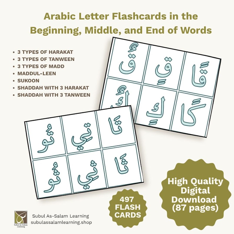 Puede incluir: Tarjetas educativas con letras &aacute;rabes en posiciones inicial, media y final de palabra. El set incluye 497 tarjetas en 87 p&aacute;ginas, cubriendo harakat, tanween, madd, maddul-leen, sukoon y shaddah. El texto incluye Subul As-Salam Learning.