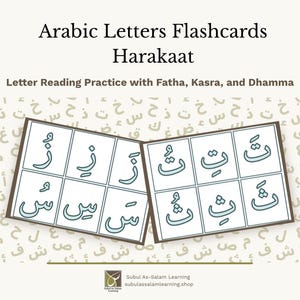 Puede incluir: Tarjetas did&aacute;cticas de letras &aacute;rabes con Harakaat, incluyendo Fatha, Kasra y Dhamma. Las tarjetas muestran varios caracteres &aacute;rabes con diacr&iacute;ticos. El texto dice: Arabic Letters Flashcards Harakaat, Letter Reading Practice with Fatha, Kasra, and Dhamma.