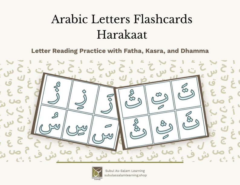 Puede incluir: Tarjetas did&aacute;cticas de letras &aacute;rabes con Harakaat, incluyendo Fatha, Kasra y Dhamma. Las tarjetas muestran varios caracteres &aacute;rabes con diacr&iacute;ticos. El texto dice: Arabic Letters Flashcards Harakaat, Letter Reading Practice with Fatha, Kasra, and Dhamma.