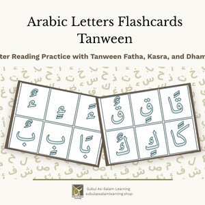 Puede incluir: Set de tarjetas educativas Arabic Letters Flashcards Tanween para practicar lectura con Tanween Fatha, Kasra y Dhamma. Dos tarjetas rectangulares muestran varios caracteres &aacute;rabes con diacr&iacute;ticos azules sobre un fondo blanco con patr&oacute;n beige.