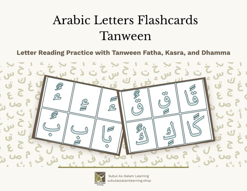 Puede incluir: Set de tarjetas educativas Arabic Letters Flashcards Tanween para practicar lectura con Tanween Fatha, Kasra y Dhamma. Dos tarjetas rectangulares muestran varios caracteres &aacute;rabes con diacr&iacute;ticos azules sobre un fondo blanco con patr&oacute;n beige.