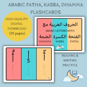 Letras do alfabeto árabe Fatha Kasra Dhamma Atividade de flashcards - Leitura divertida e escrita de cartas para crianças - Lição para imprimir e ir