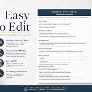 May include: A digital resume template document featuring navy and gold text headers. The page includes sections titled Editing Instructions, What Is Included, How To Edit The Template, Recommended Fonts, How To Customize Colors, and Resume Writing Tips.