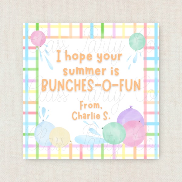 Printable Bunch-o-Balloons Gift Tag, Water Balloons, Bunches-O-Fun, End of school, Summer Vacation - Instant Download & Edit at Home