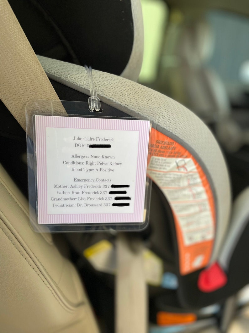 Pink Car Seat Tag Emergency Medical Information ICE in Case Etsy