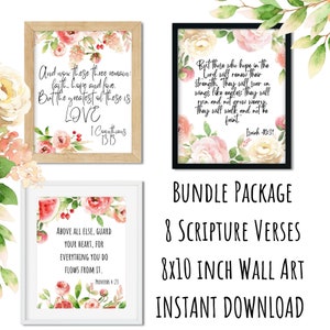 Puede incluir: Un paquete de ocho impresiones de arte de pared imprimibles de 20,3 x 25,4 cm con versículos de la Biblia. Cada impresión tiene un fondo floral de acuarela con un marco blanco. El texto incluye versículos de 1 Corintios 13:13, Proverbios 4:23 e Isaías 40:31.