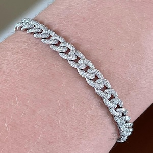 Lab Grown Diamond Cuban Curb Link Chain Bracelet Unisex Men and Women Bracelet, 14K Solid White Bracelet, Anniversary Gift For Her