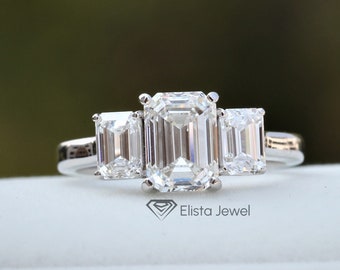 Emerald Cut Lab Diamond 3-Stone White Gold Engagement Ring
