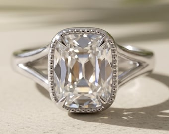 2.50 Carat Elongated Old Mine Cushion Lab Diamond Engagement Ring, 14K White Gold Tulip Setting Ring