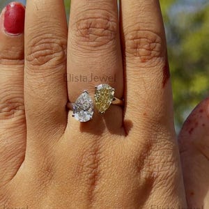 Champagne Yellow Pear Cut Lab Grown Diamond Toi Et Moi Ring. 10K Solid White Gold Two Stone Ring, IGI Certified Diamond Ring, Wedding Ring