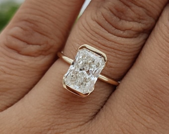 2.40 CT Radiant Cut Lab Created Diamond Half Bezel Solitaire Engagement Ring, 14K Solid Yellow Gold CVD Diamond Ring, Certified Women Ring