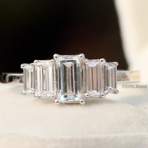 Five Stone Emerald Cut Lab-Created Diamond in Solid White Gold engagement ring, Prong Set Emerald Cut Five Stone Engagement Ring for Her