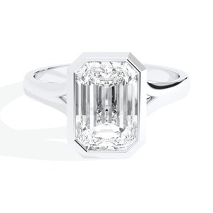 Emerald Diamond Full Bezel Split Shank Engagement Ring Gift For Her, 14K Yellow Gold Anniversary Ring/Wedding Ring For women/Minimalist