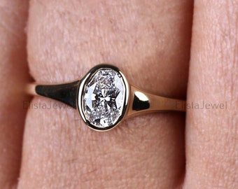 0.60CT Oval Cut Lab Created Diamond Solitaire Engagement Ring, 14K Solid Yellow Gold Split Shank Ring, One Diamond Full Bezel Ring For Her