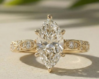 Anillo de compromiso vintage con diamante cultivado en laboratorio talla marquesa, oro amarillo de 14 quilates.