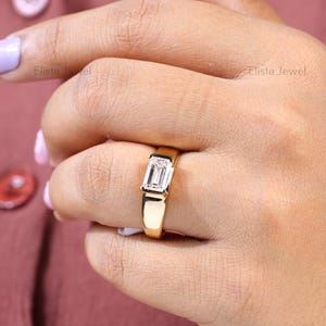 East West Emerald Cut IGI Certified Diamond Half Bezel Solitaire Ring, 10K Solid Yellow Gold Dome Style Ring, Lab Created Diamond Men&#39;s Ring